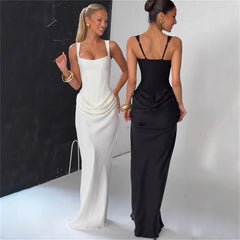 Womens Elegant Solid-Color Slim-Fit Waist-Cinching Backless Slip Dress
