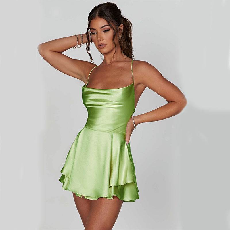 Sexy Suspender Skirt For Women Elegant Slim Strap Satin Backless Lace Up A-Line Short Dress Lady - ProTrendyz