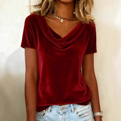 New Solid Color Scoop Neck Short-Sleeve Sexy Velvet T-Shirt
