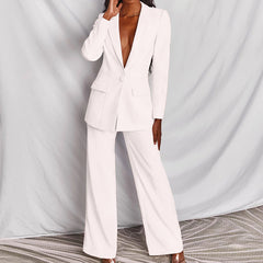 2pcs Casual Suit Lapel Button-down Blazer Jacket And Straight-leg Pants Office Commuting Business Trousers Set Clothing