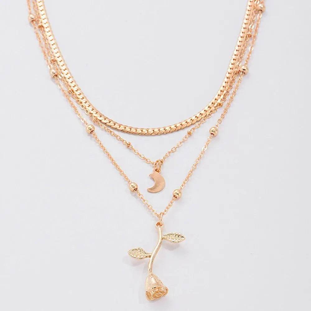 Bohemia Multilayer Moon Gold Color Pendant Necklaces For Women Rose Flower Choker Necklace 2025 Fashion Jewelry Party Gift Valentine's Day Gifts - ProTrendyz