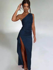 Sexy One-shoulder Backless Slit Dress Summer Elegant Slim-fit Solid Color Satin Dresses For Women - ProTrendyz