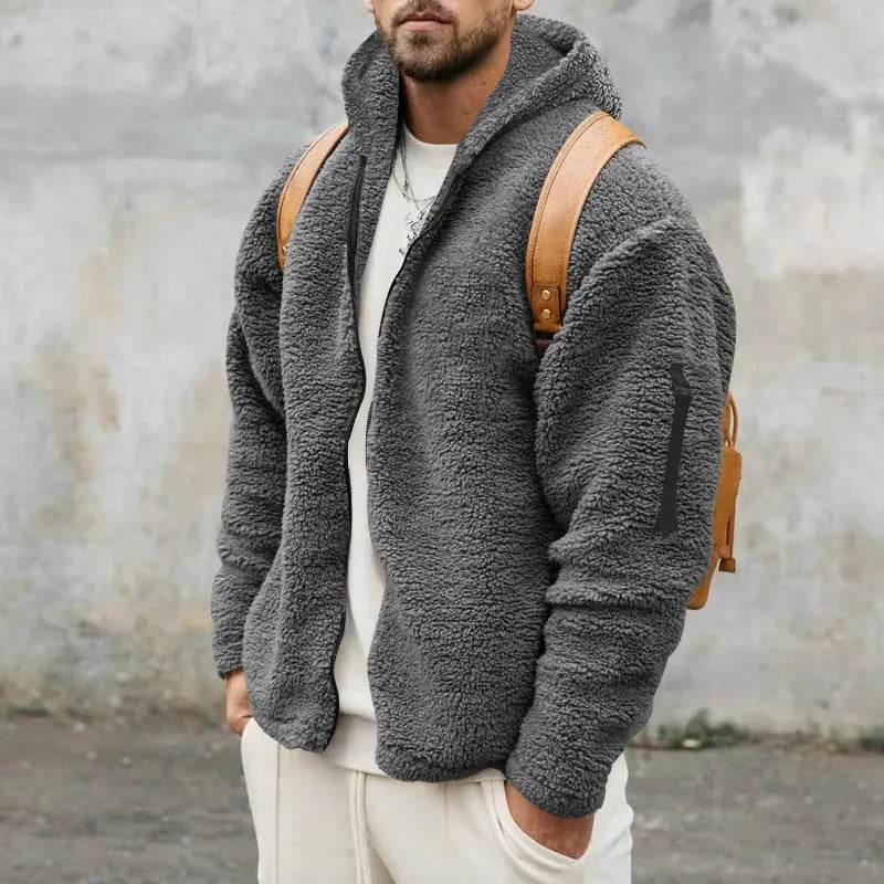 Plush Hooded Jacket Men's Autumn And Winter Fleece Double-sided Wear Warm Coat With Zipper Loose Casual Jacket Outdoor Clothing - ProTrendyz