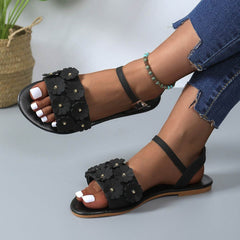Retro Flowers Sandals Summer Casual Versatile Round Toe Buckle Flat Beach Shoes For Women New Roman Shoes - ProTrendyz