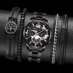 2pcs Men's New Popular Steel Strip Fashion Business Three Eye Quartz Watch Bracelet Set Valentine's Day Gifts - ProTrendyz