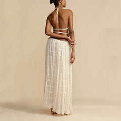 2pcs Women's Dress Suit Sexy Sleeveless Backless Cropped Halter Top And Pleated Long Skirt Beach Clothing - ProTrendyz