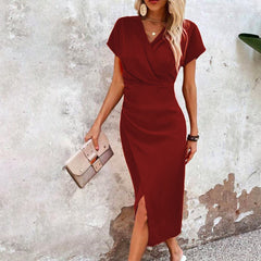 Slim-fit Short-sleeved Dress Fashion Sexy Split V-neck Dress Summer Women's Clothing