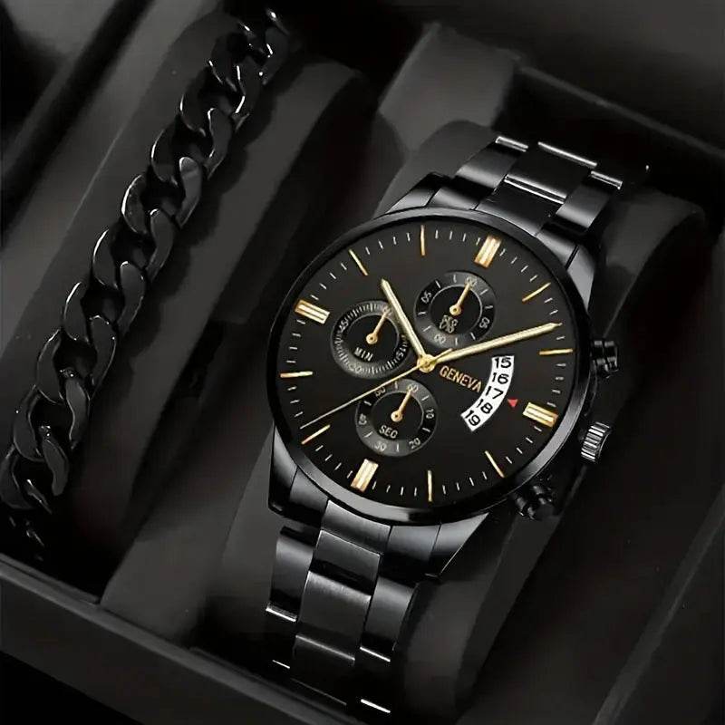 2pcs Men's New Popular Steel Strip Fashion Business Three Eye Quartz Watch Bracelet Set Valentine's Day Gifts - ProTrendyz
