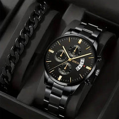2pcs Men's New Popular Steel Strip Fashion Business Three Eye Quartz Watch Bracelet Set Valentine's Day Gifts - ProTrendyz