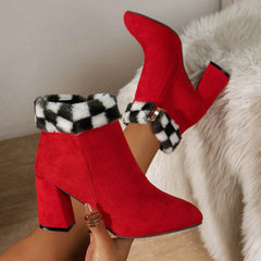 New Plaid Print Plush Ankle Boots Winter Fashoin Square Heel Suede Boots Women Casual Versatile Shoes Autumn And Winter - ProTrendyz