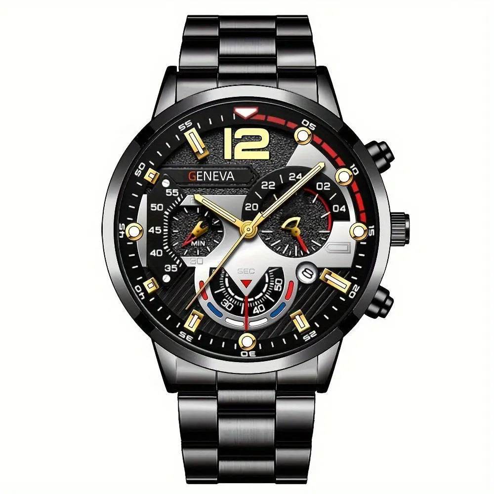 2pcs Men's New Popular Steel Strip Fashion Business Three Eye Quartz Watch Bracelet Set Valentine's Day Gifts - ProTrendyz