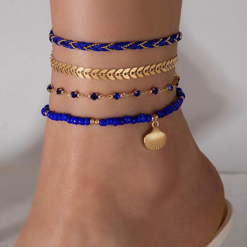 4pcs Set Bohemian Woven Rope Foot Chain For Men And Women Geometric Alloy Black Beads Dropping Oil Anklet Set Summer Fashion Jewelry - ProTrendyz