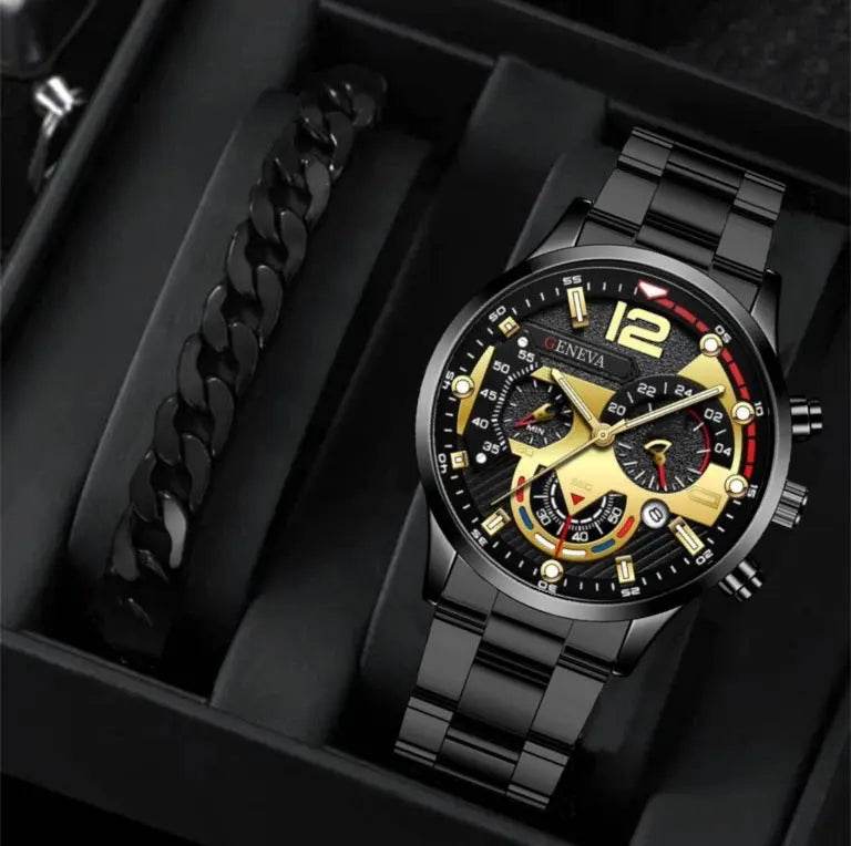 2pcs Men's New Popular Steel Strip Fashion Business Three Eye Quartz Watch Bracelet Set Valentine's Day Gifts - ProTrendyz