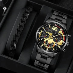 2pcs Men's New Popular Steel Strip Fashion Business Three Eye Quartz Watch Bracelet Set Valentine's Day Gifts - ProTrendyz