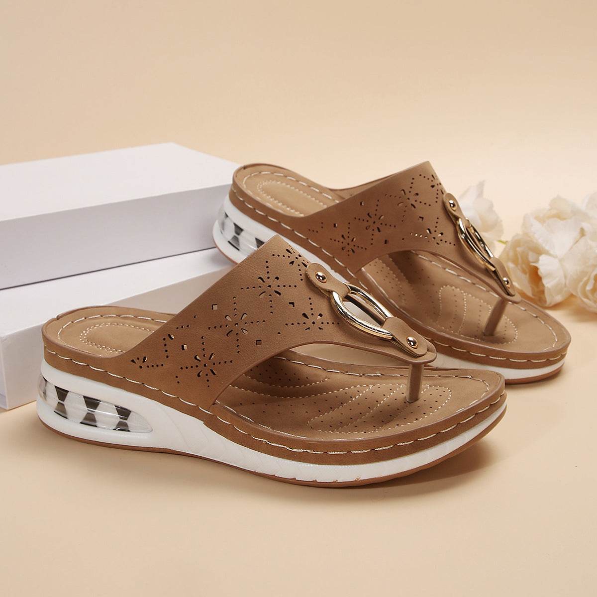 New Air Cushion Thong Sandals Summer Flip Flops Hollow Metal Buckle Wedges Shoes For Women Thick Sole Beach Shoes - ProTrendyz