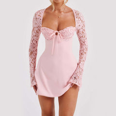 Y2K  Lace Long Sleeve Dress Fashion Sexy Corset Backless Lace Up Short Dresses Womens Clothing
