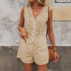 Solid Color Casual V-neck Vest Button Shorts Suit Women
