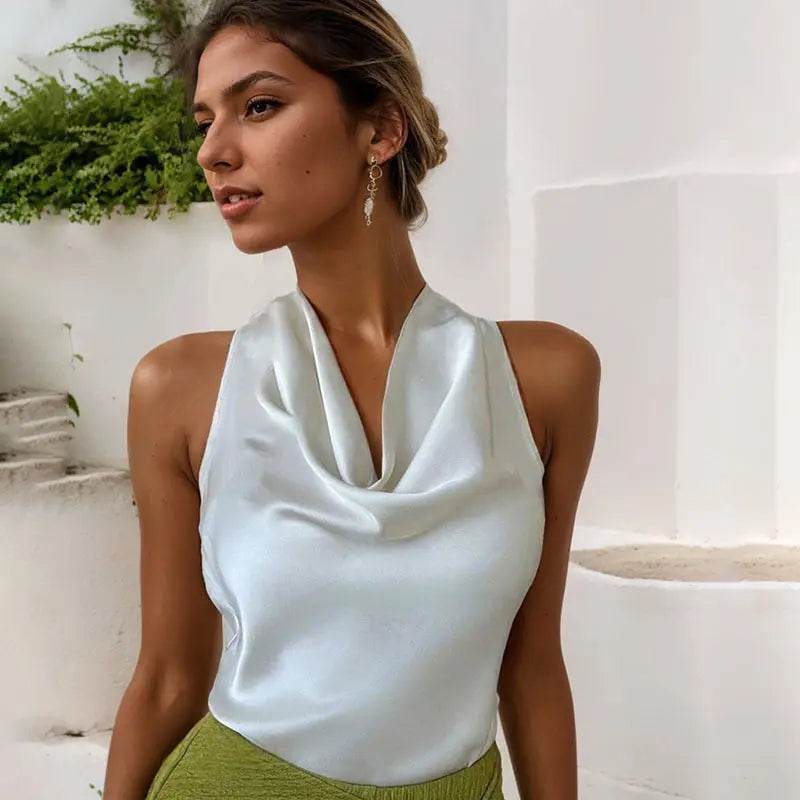 Women Solid Color Swing Collar Sleeveless Vest Trendy Elegant Shirt With Halter Neckline Backless Short Sleeve Tops Tshirts - ProTrendyz