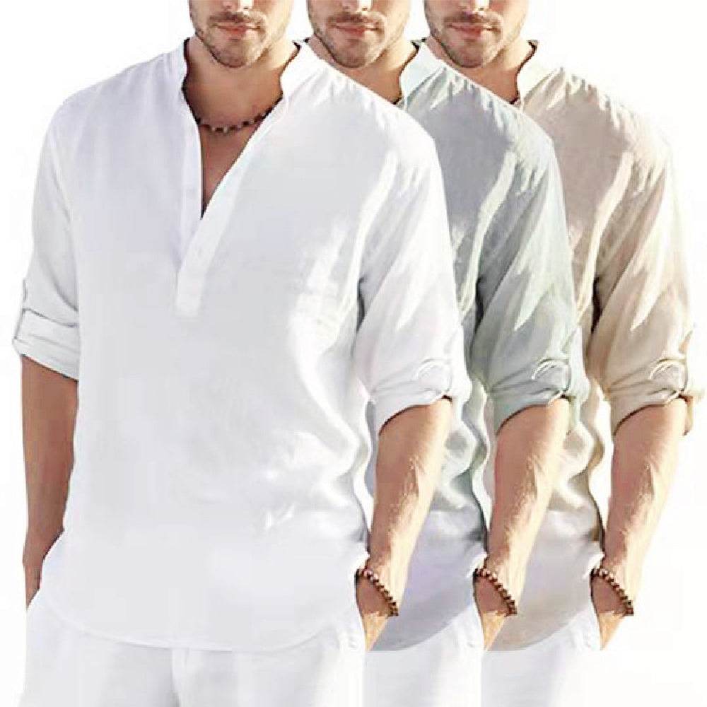 Men's Casual Cotton Linen Solid Color Long Sleeve Shirt Loose Stand Collar - ProTrendyz