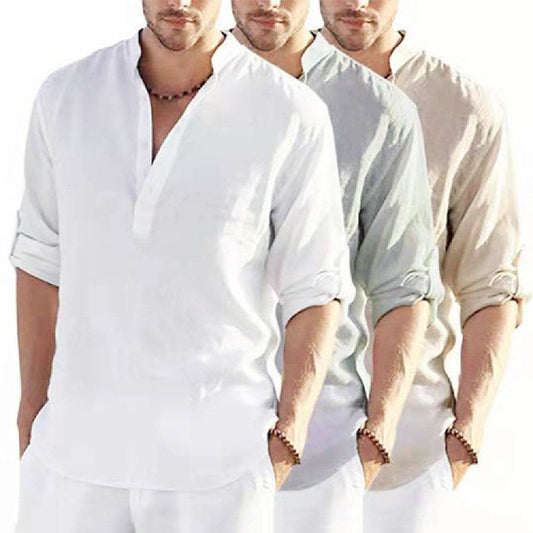 Men's Casual Cotton Linen Solid Color Long Sleeve Shirt Loose Stand Collar - ProTrendyz