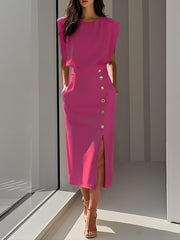 Women's Summer Split Dress With Buttons Casual Sleeveless Midi Dress Clothing