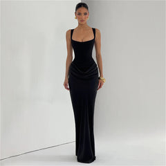 Womens Elegant Solid-Color Slim-Fit Waist-Cinching Backless Slip Dress