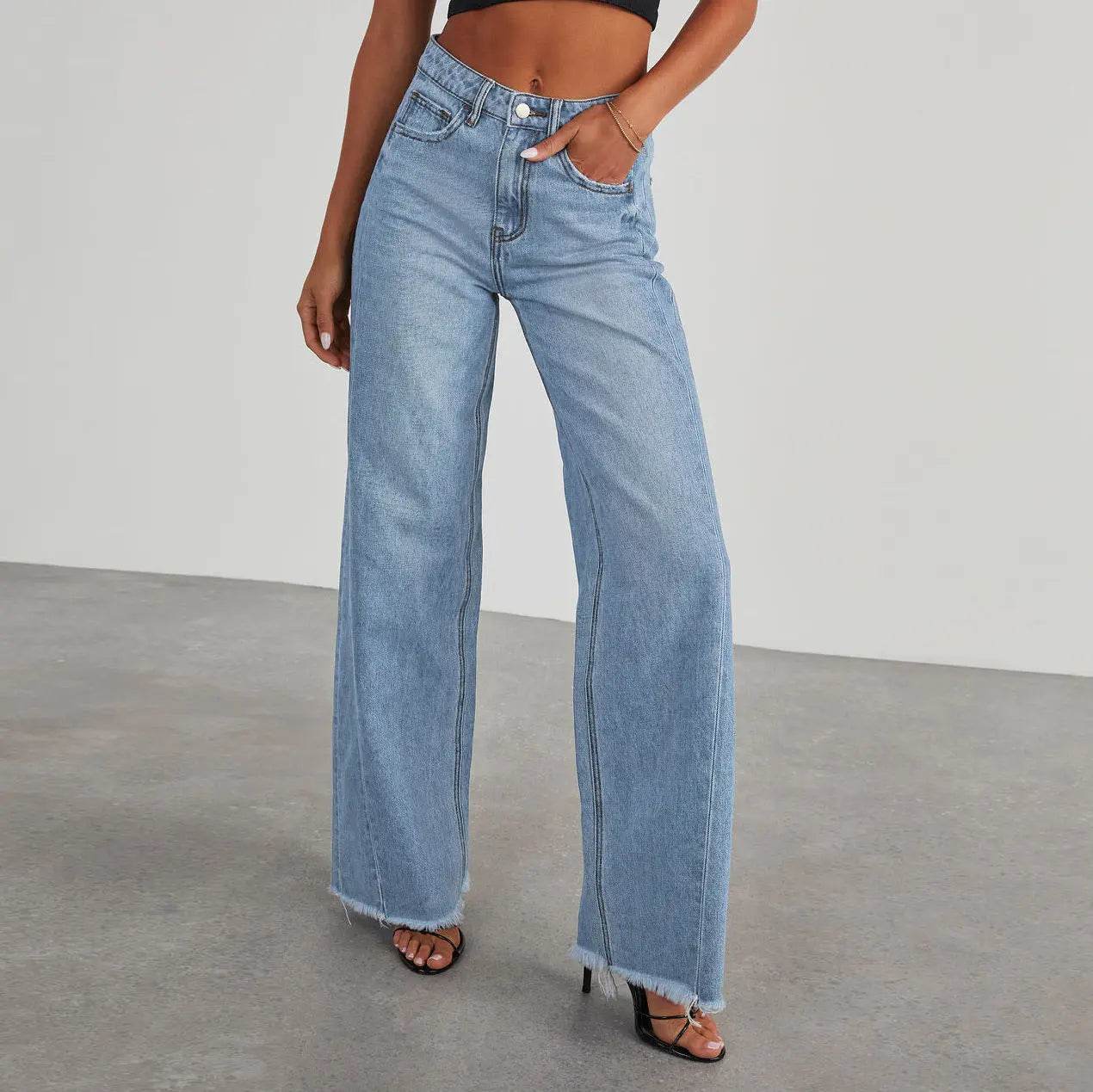 Fashion High Waist Jeans With Pockets Comfortable Slim Fit Straight Wide-leg Pants Womens Clothing - ProTrendyz