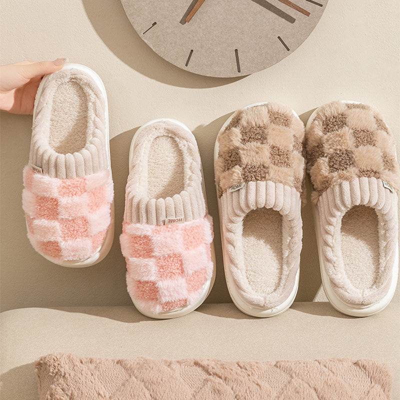 Plaid Plush Slippers Women's Indoor Plush Home Slippers Soft Sole Thick Non-Slip Warm House Shoes Couple Autumn And Winter - ProTrendyz