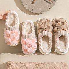 Plaid Plush Slippers Women's Indoor Plush Home Slippers Soft Sole Thick Non-Slip Warm House Shoes Couple Autumn And Winter - ProTrendyz
