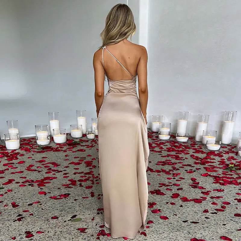 Sexy One-shoulder Backless Slit Dress Summer Elegant Slim-fit Solid Color Satin Dresses For Women - ProTrendyz