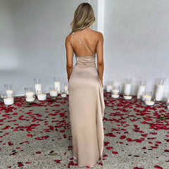 Sexy One-shoulder Backless Slit Dress Summer Elegant Slim-fit Solid Color Satin Dresses For Women - ProTrendyz