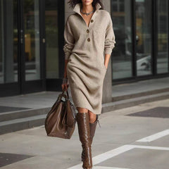 Long-sleeved Sweater Dress Fashion Warm Stand-up Collar V-neck Button Pullover Dresses Winter Casual Commuting Women's Clothing
