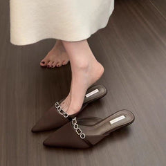 Women's French Style Satin Slide Sandals, Sparkling Rhinestone Embellished Pointed Toe Low Heel Slip-On Mules, 2025 Summer New Collection, High-end Outdoor Wear