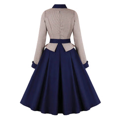 Color Effect Collar Hollow High-grade Houndstooth Patchwork Ruffled Waist-tight Autumn And Winter Long Sleeve Retro Dress XL XXL 2XL - ProTrendyz