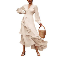 V-neck Prom Dress Long Sleeve Ruffles Long Prom Dress Elegant Dresses For Women White Satin Dress Layered Woman Clothes Casual 3XL XXXL - ProTrendyz