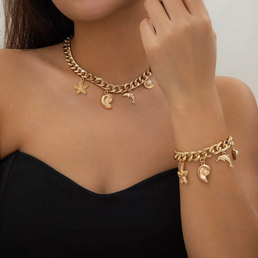 Creative Boho Conch Dolphin Starfish Pendant Choker Necklace Bracelets Women Trendy Vintage Tassel Chain Grunge Jewelry Fashion Jewelry - ProTrendyz