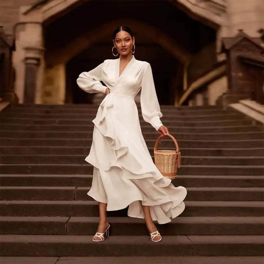 V-neck Prom Dress Long Sleeve Ruffles Long Prom Dress Elegant Dresses For Women White Satin Dress Layered Woman Clothes Casual 3XL XXXL - ProTrendyz