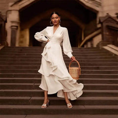 V-neck Prom Dress Long Sleeve Ruffles Long Prom Dress Elegant Dresses For Women White Satin Dress Layered Woman Clothes Casual 3XL XXXL - ProTrendyz
