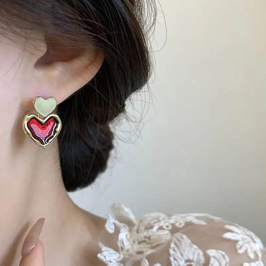 Wine Red Love Heart Earrings For Women Girl Gold Color Metal Love Heart Hanging Dangle Earrings Vintage Jewelry - ProTrendyz