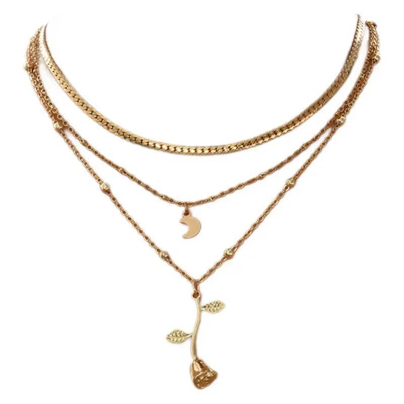 Bohemia Multilayer Moon Gold Color Pendant Necklaces For Women Rose Flower Choker Necklace 2025 Fashion Jewelry Party Gift Valentine's Day Gifts - ProTrendyz