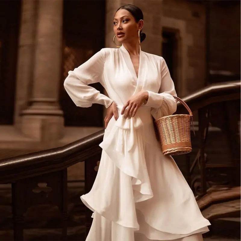 V-neck Prom Dress Long Sleeve Ruffles Long Prom Dress Elegant Dresses For Women White Satin Dress Layered Woman Clothes Casual 3XL XXXL - ProTrendyz