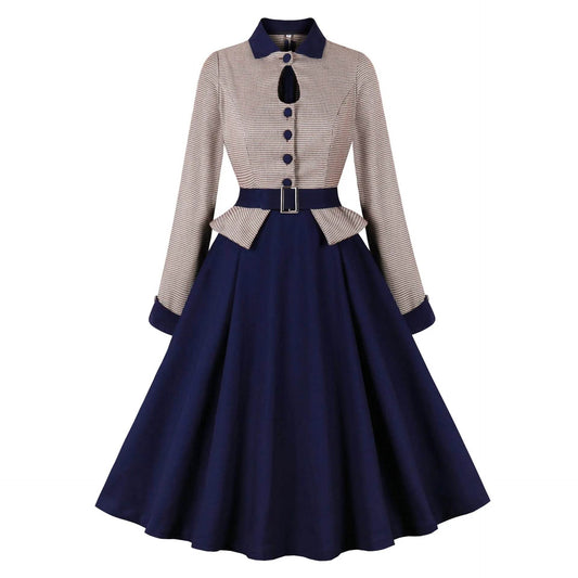 Color Effect Collar Hollow High-grade Houndstooth Patchwork Ruffled Waist-tight Autumn And Winter Long Sleeve Retro Dress XL XXL 2XL - ProTrendyz