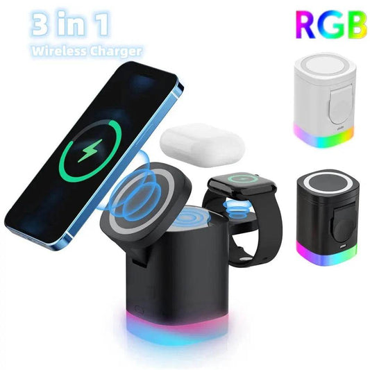 3 In 1 Magnetic Wireless Fast Charger For Smart Phone RGB Ambient Light Charging Station For Airpods IWatch - ProTrendyz
