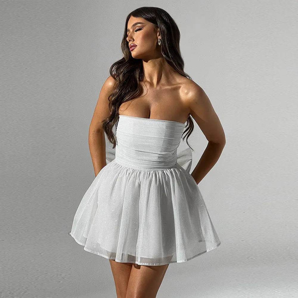Tube Top Lace Dress With Back Bow-knot Summer Fashion Temperament Mesh Stitching Off-neck Short Skirt - ProTrendyz