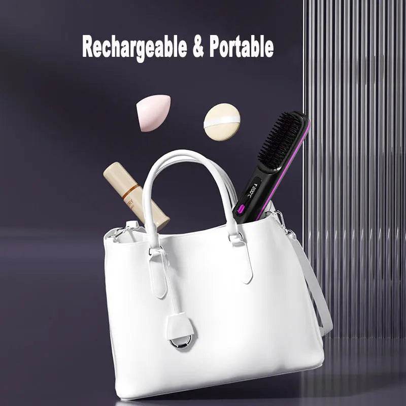 2 In 1 Straight Hair Comb Wireless Hair Straightener Brush Hair Fast Heating Portable Hot Curler USB Charging - ProTrendyz
