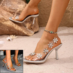 New Sandals For Women Summer Transparent PVC Rhinestone Flowers Slingback Pumps Elegant Square Toe Female Sexy High Heels - ProTrendyz