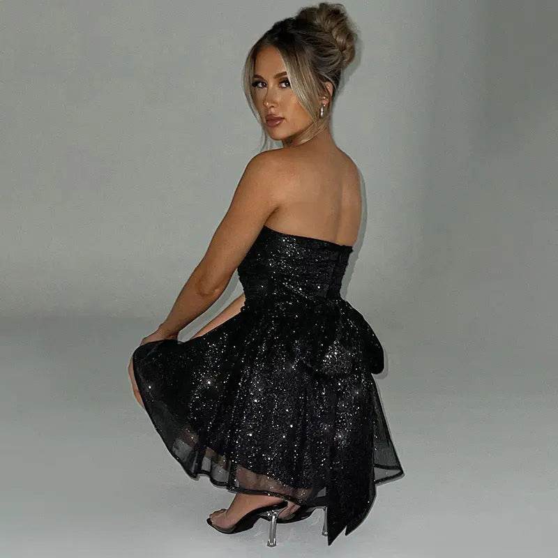 Tube Top Lace Dress With Back Bow-knot Summer Fashion Temperament Mesh Stitching Off-neck Short Skirt - ProTrendyz