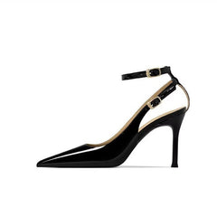 Women's Minimalist European & American Style Pointed Toe Patent Leather Stiletto Sandals, Ankle Strap, Slim Fit, Sexy Nightclub Shoes