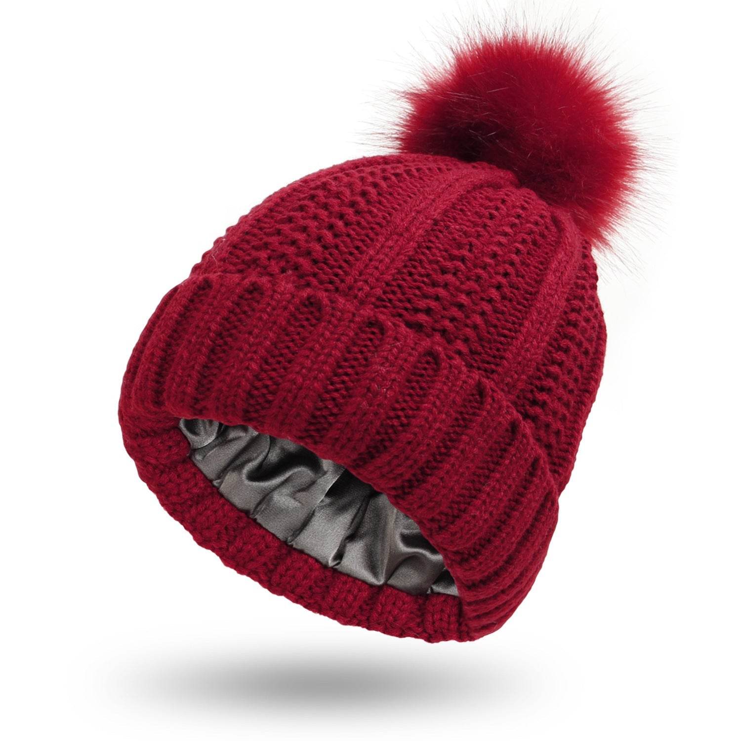 Fashion Stretchy Satin Lined Skull Knit Hats Beanie Hat For Women Faux Fur Pom Pom Hat Winter Keep Warming Beanie Hat - ProTrendyz
