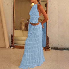 2pcs Women's Dress Suit Sexy Sleeveless Backless Cropped Halter Top And Pleated Long Skirt Beach Clothing - ProTrendyz